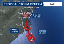 Latest Tropical Storm Ophelia: NC state of emergency; flood watches, warnings in effect