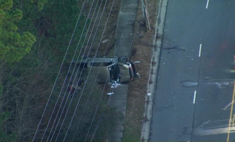 Car overturns on Globe Road near Brier Creek, damaging powerlines